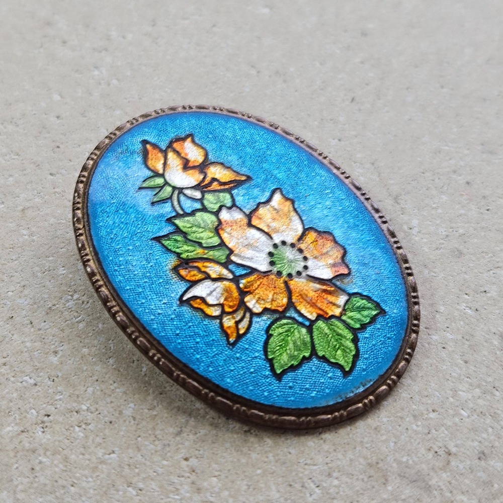 Vtg 1920s Blue Guilloche Enamel Floral Brooch Pin Oval Orange Flower C-clasp‎